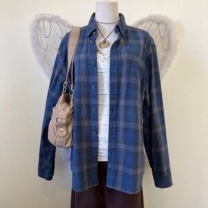 Indie Skater Grunge Oversized Shirt Button Up Long Sleeve Blue Flannel Dad